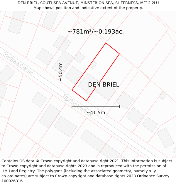 DEN BRIEL, SOUTHSEA AVENUE, MINSTER ON SEA, SHEERNESS, ME12 2LU: Plot and title map