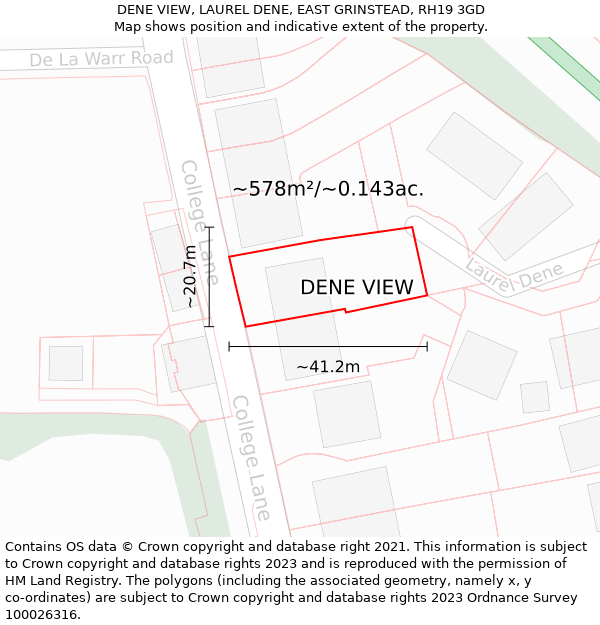 DENE VIEW, LAUREL DENE, EAST GRINSTEAD, RH19 3GD: Plot and title map