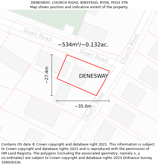 DENESWAY, CHURCH ROAD, BINSTEAD, RYDE, PO33 3TB: Plot and title map