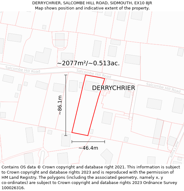 DERRYCHRIER, SALCOMBE HILL ROAD, SIDMOUTH, EX10 8JR: Plot and title map