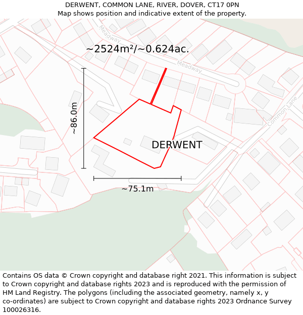 DERWENT, COMMON LANE, RIVER, DOVER, CT17 0PN: Plot and title map