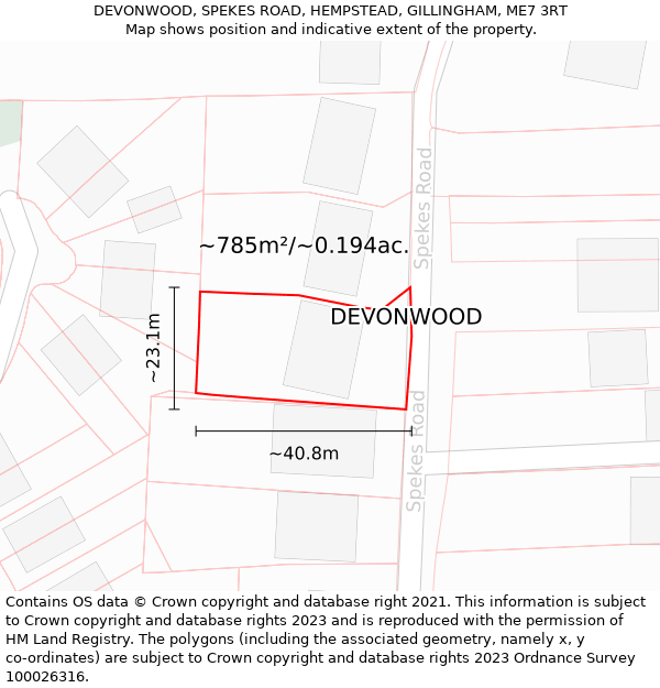 DEVONWOOD, SPEKES ROAD, HEMPSTEAD, GILLINGHAM, ME7 3RT: Plot and title map