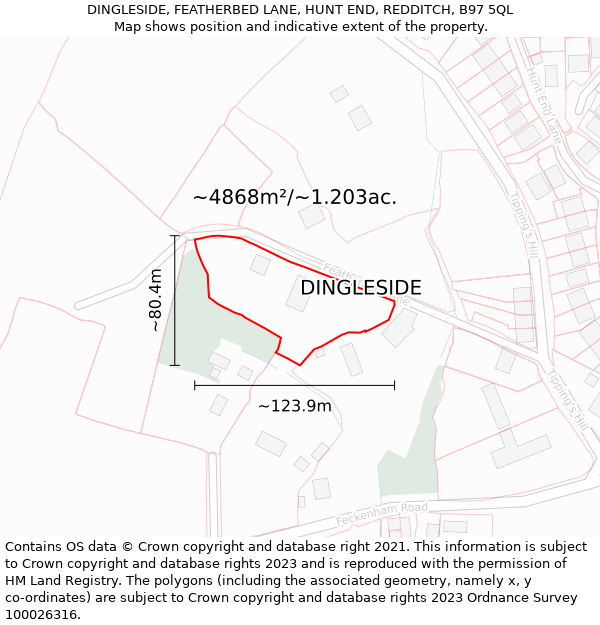 DINGLESIDE, FEATHERBED LANE, HUNT END, REDDITCH, B97 5QL: Plot and title map