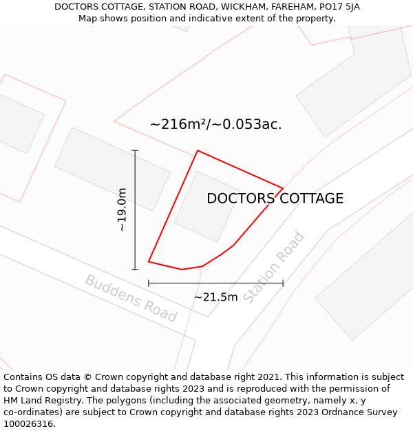 DOCTORS COTTAGE, STATION ROAD, WICKHAM, FAREHAM, PO17 5JA: Plot and title map