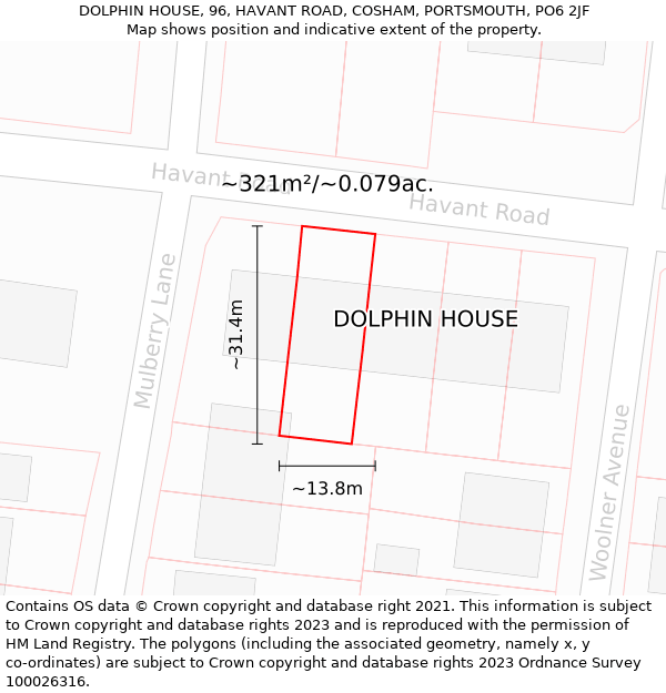 DOLPHIN HOUSE, 96, HAVANT ROAD, COSHAM, PORTSMOUTH, PO6 2JF: Plot and title map