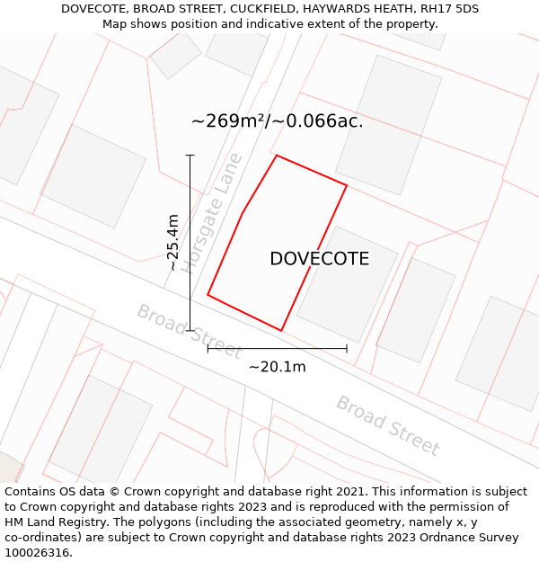 DOVECOTE, BROAD STREET, CUCKFIELD, HAYWARDS HEATH, RH17 5DS: Plot and title map