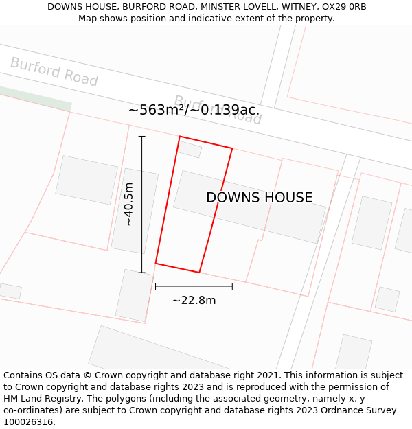 DOWNS HOUSE, BURFORD ROAD, MINSTER LOVELL, WITNEY, OX29 0RB: Plot and title map