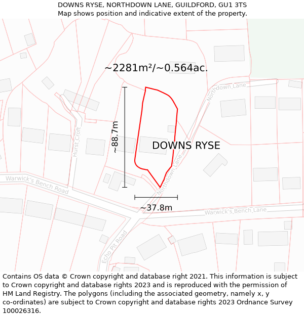 DOWNS RYSE, NORTHDOWN LANE, GUILDFORD, GU1 3TS: Plot and title map