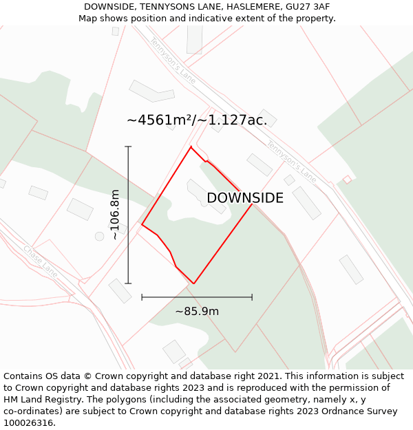 DOWNSIDE, TENNYSONS LANE, HASLEMERE, GU27 3AF: Plot and title map