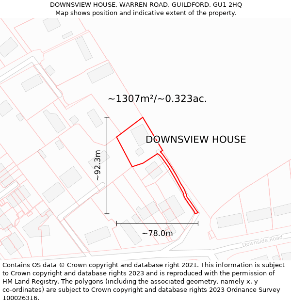 DOWNSVIEW HOUSE, WARREN ROAD, GUILDFORD, GU1 2HQ: Plot and title map