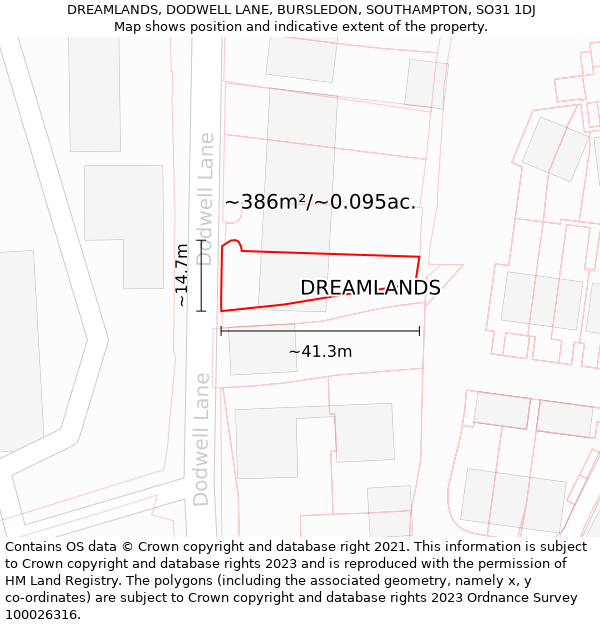 DREAMLANDS, DODWELL LANE, BURSLEDON, SOUTHAMPTON, SO31 1DJ: Plot and title map