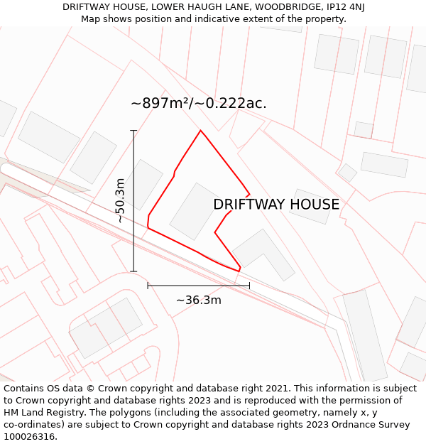 DRIFTWAY HOUSE, LOWER HAUGH LANE, WOODBRIDGE, IP12 4NJ: Plot and title map