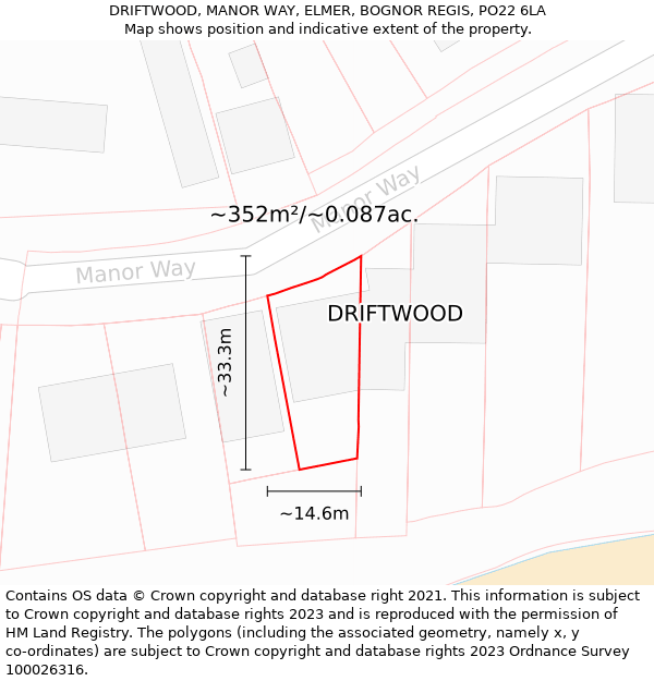 DRIFTWOOD, MANOR WAY, ELMER, BOGNOR REGIS, PO22 6LA: Plot and title map