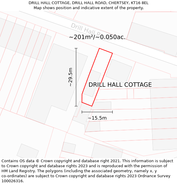 DRILL HALL COTTAGE, DRILL HALL ROAD, CHERTSEY, KT16 8EL: Plot and title map