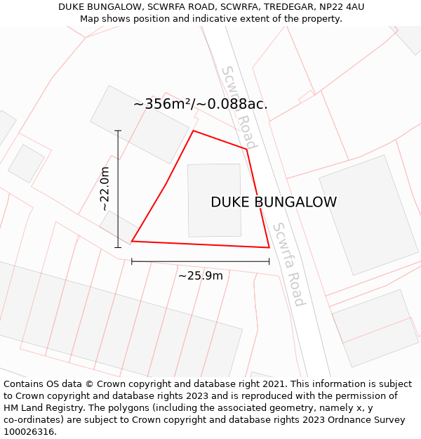 DUKE BUNGALOW, SCWRFA ROAD, SCWRFA, TREDEGAR, NP22 4AU: Plot and title map