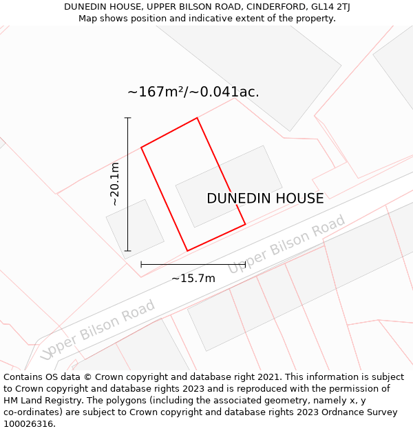 DUNEDIN HOUSE, UPPER BILSON ROAD, CINDERFORD, GL14 2TJ: Plot and title map