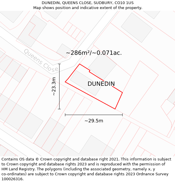 DUNEDIN, QUEENS CLOSE, SUDBURY, CO10 1US: Plot and title map