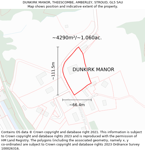 DUNKIRK MANOR, THEESCOMBE, AMBERLEY, STROUD, GL5 5AU: Plot and title map