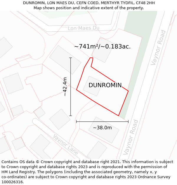 DUNROMIN, LON MAES DU, CEFN COED, MERTHYR TYDFIL, CF48 2HH: Plot and title map