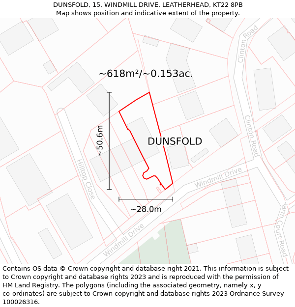 DUNSFOLD, 15, WINDMILL DRIVE, LEATHERHEAD, KT22 8PB: Plot and title map