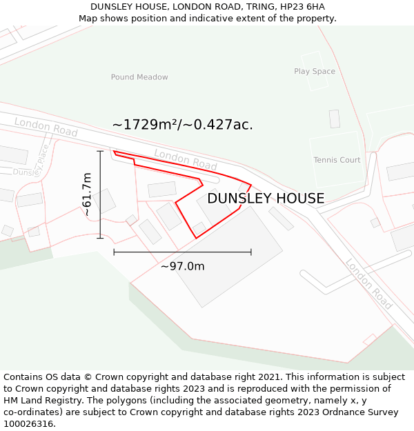 DUNSLEY HOUSE, LONDON ROAD, TRING, HP23 6HA: Plot and title map