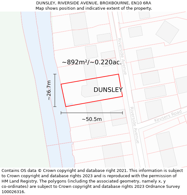 DUNSLEY, RIVERSIDE AVENUE, BROXBOURNE, EN10 6RA: Plot and title map