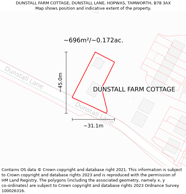 DUNSTALL FARM COTTAGE, DUNSTALL LANE, HOPWAS, TAMWORTH, B78 3AX: Plot and title map