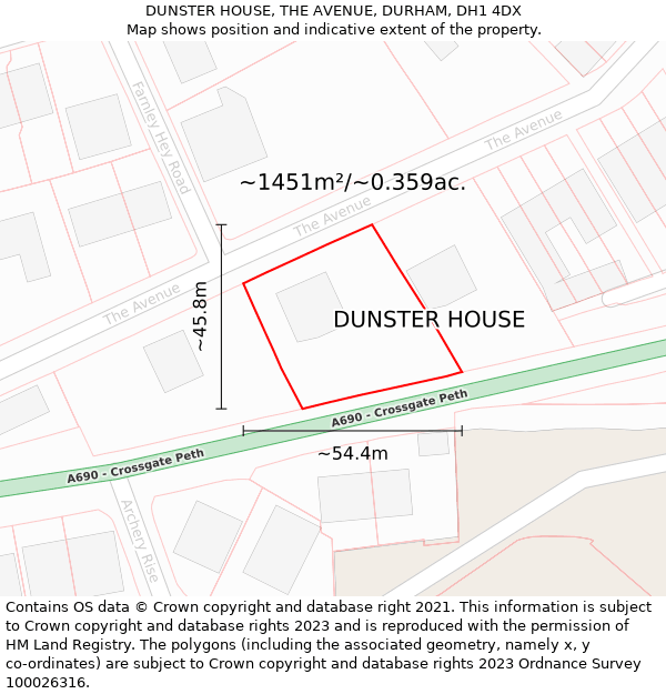 DUNSTER HOUSE, THE AVENUE, DURHAM, DH1 4DX: Plot and title map