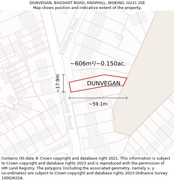 DUNVEGAN, BAGSHOT ROAD, KNAPHILL, WOKING, GU21 2SE: Plot and title map