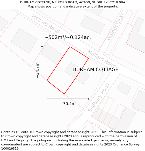 DURHAM COTTAGE, MELFORD ROAD, ACTON, SUDBURY, CO10 0BA: Plot and title map