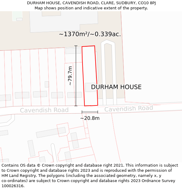 DURHAM HOUSE, CAVENDISH ROAD, CLARE, SUDBURY, CO10 8PJ: Plot and title map
