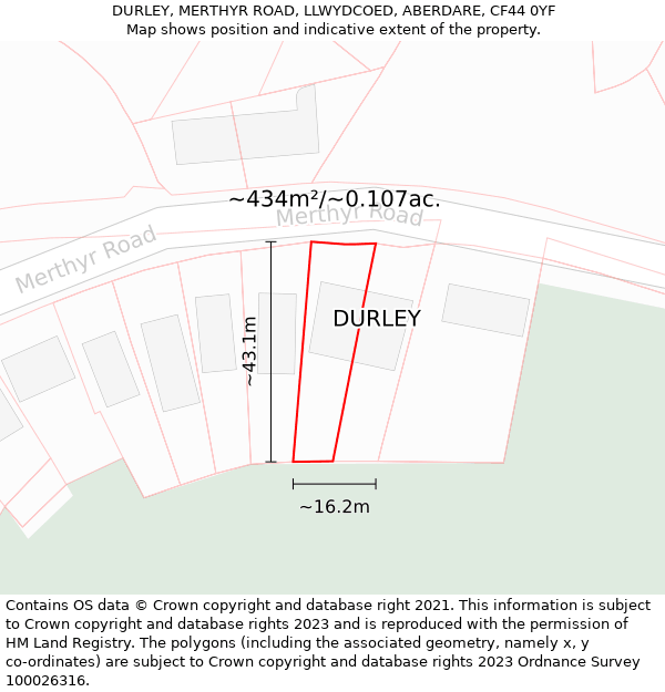 DURLEY, MERTHYR ROAD, LLWYDCOED, ABERDARE, CF44 0YF: Plot and title map