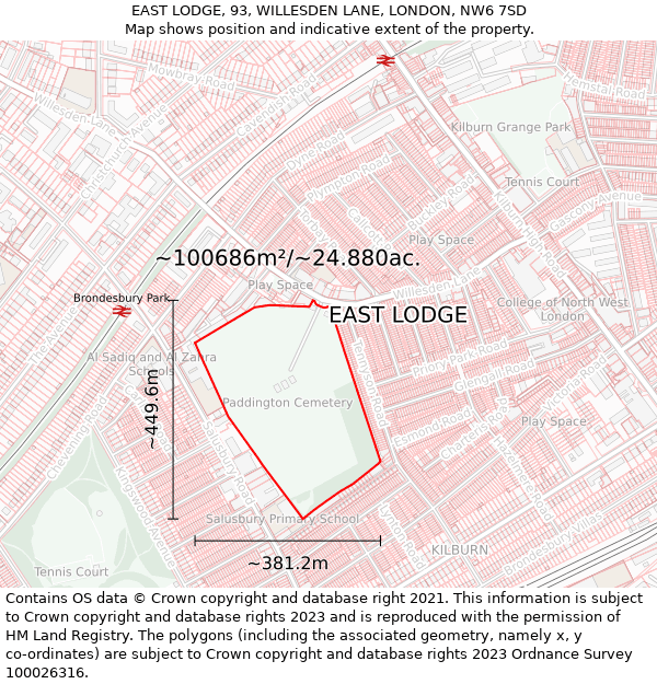 EAST LODGE, 93, WILLESDEN LANE, LONDON, NW6 7SD: Plot and title map