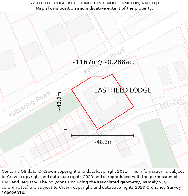 EASTFIELD LODGE, KETTERING ROAD, NORTHAMPTON, NN3 6QX: Plot and title map