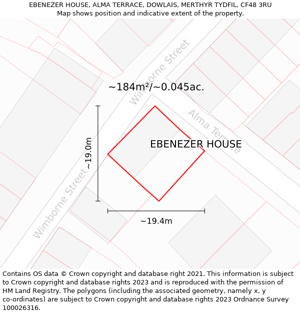 EBENEZER HOUSE, ALMA TERRACE, DOWLAIS, MERTHYR TYDFIL, CF48 3RU: Plot and title map