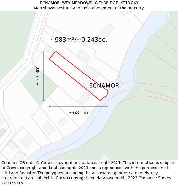 ECNAMOR, WEY MEADOWS, WEYBRIDGE, KT13 8XY: Plot and title map