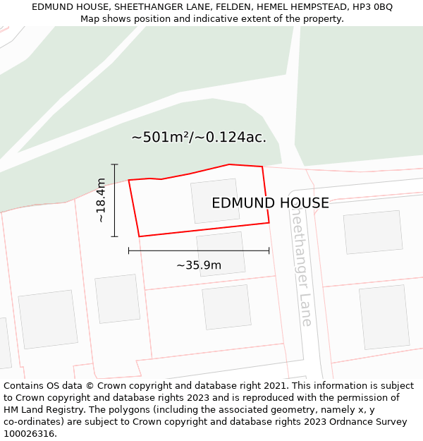 EDMUND HOUSE, SHEETHANGER LANE, FELDEN, HEMEL HEMPSTEAD, HP3 0BQ: Plot and title map