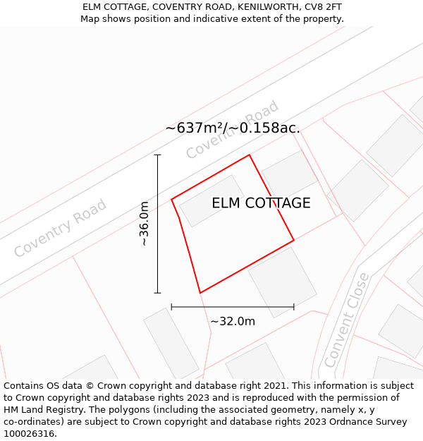 ELM COTTAGE, COVENTRY ROAD, KENILWORTH, CV8 2FT: Plot and title map