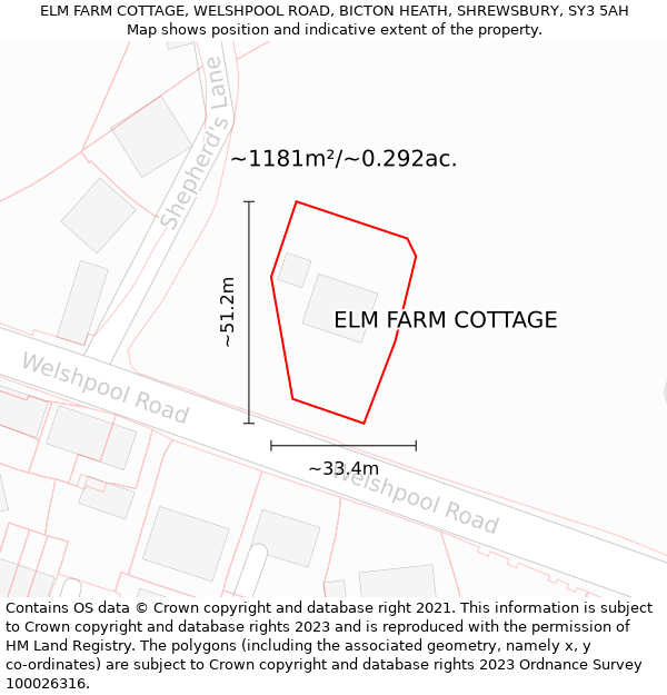 ELM FARM COTTAGE, WELSHPOOL ROAD, BICTON HEATH, SHREWSBURY, SY3 5AH: Plot and title map