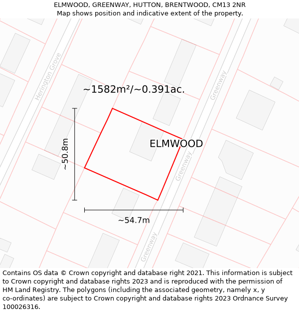 ELMWOOD, GREENWAY, HUTTON, BRENTWOOD, CM13 2NR: Plot and title map