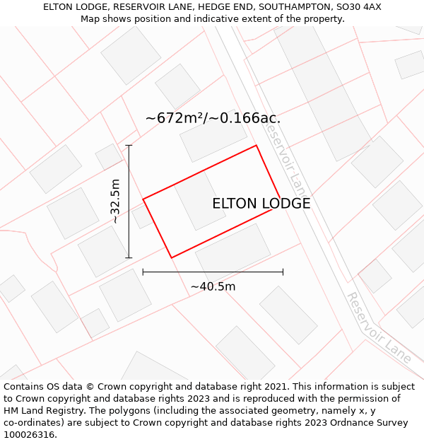 ELTON LODGE, RESERVOIR LANE, HEDGE END, SOUTHAMPTON, SO30 4AX: Plot and title map