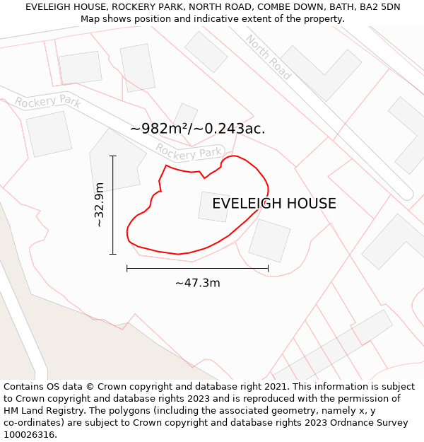 EVELEIGH HOUSE, ROCKERY PARK, NORTH ROAD, COMBE DOWN, BATH, BA2 5DN: Plot and title map