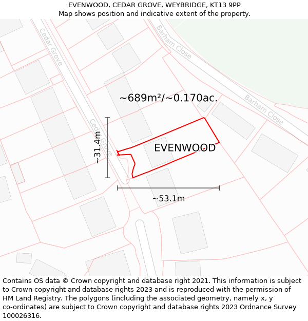 EVENWOOD, CEDAR GROVE, WEYBRIDGE, KT13 9PP: Plot and title map