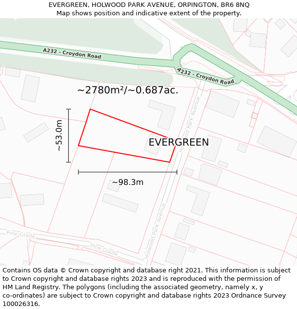 EVERGREEN, HOLWOOD PARK AVENUE, ORPINGTON, BR6 8NQ: Plot and title map