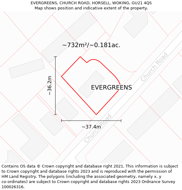 EVERGREENS, CHURCH ROAD, HORSELL, WOKING, GU21 4QS: Plot and title map