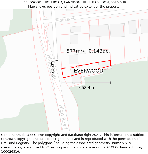 EVERWOOD, HIGH ROAD, LANGDON HILLS, BASILDON, SS16 6HP: Plot and title map