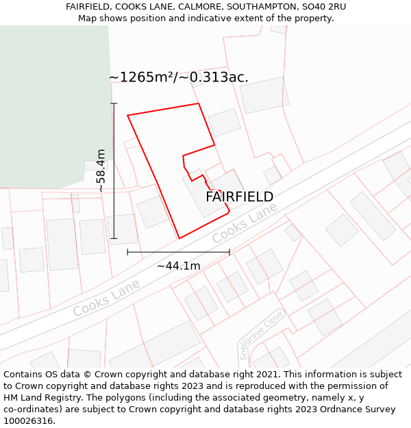 FAIRFIELD, COOKS LANE, CALMORE, SOUTHAMPTON, SO40 2RU: Plot and title map