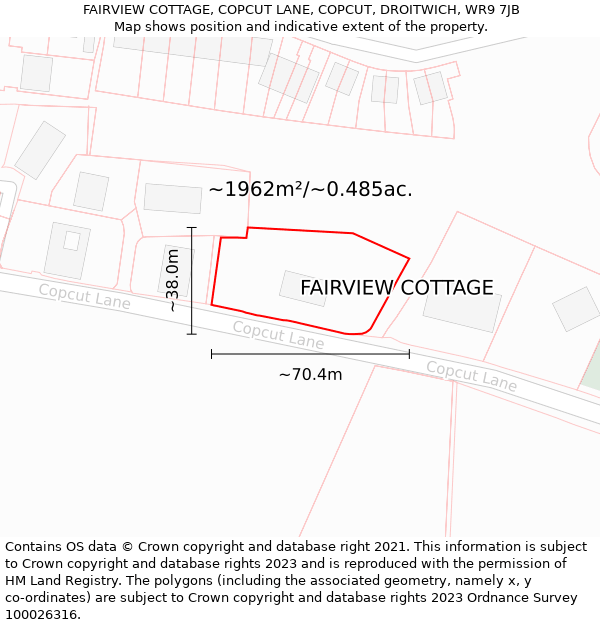FAIRVIEW COTTAGE, COPCUT LANE, COPCUT, DROITWICH, WR9 7JB: Plot and title map