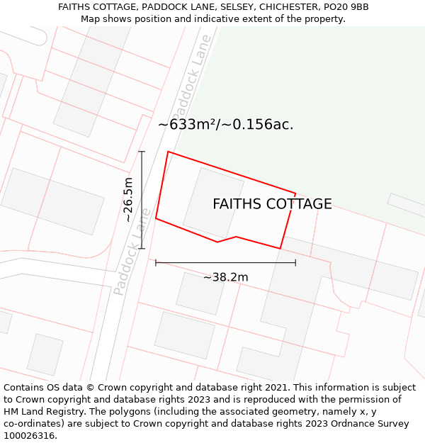 FAITHS COTTAGE, PADDOCK LANE, SELSEY, CHICHESTER, PO20 9BB: Plot and title map