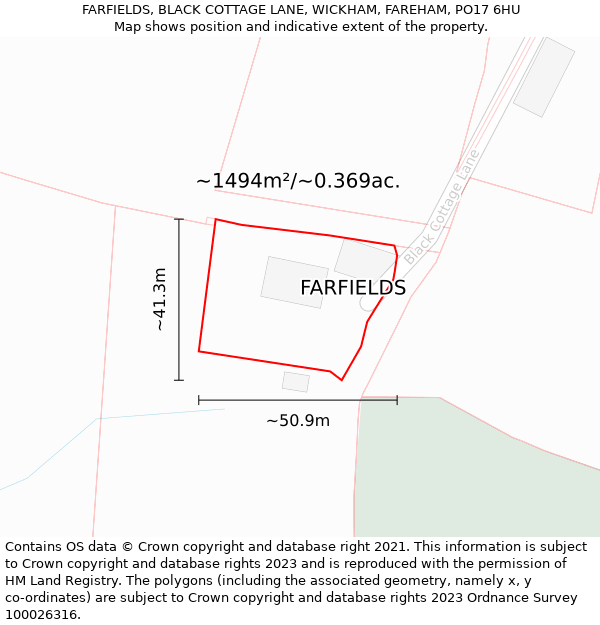 FARFIELDS, BLACK COTTAGE LANE, WICKHAM, FAREHAM, PO17 6HU: Plot and title map